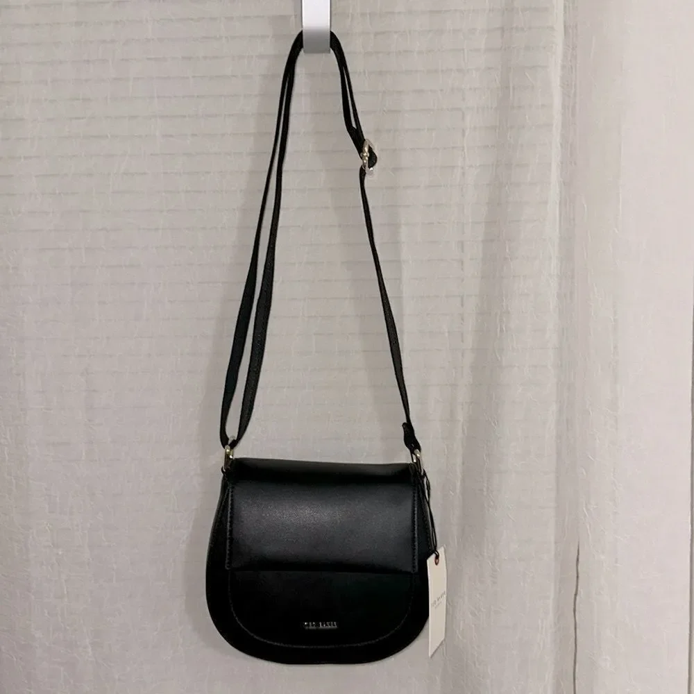 Ted Baker Darcell Black Faux Leather Gold Tone Logo Textured Grosgrain Strap Bag